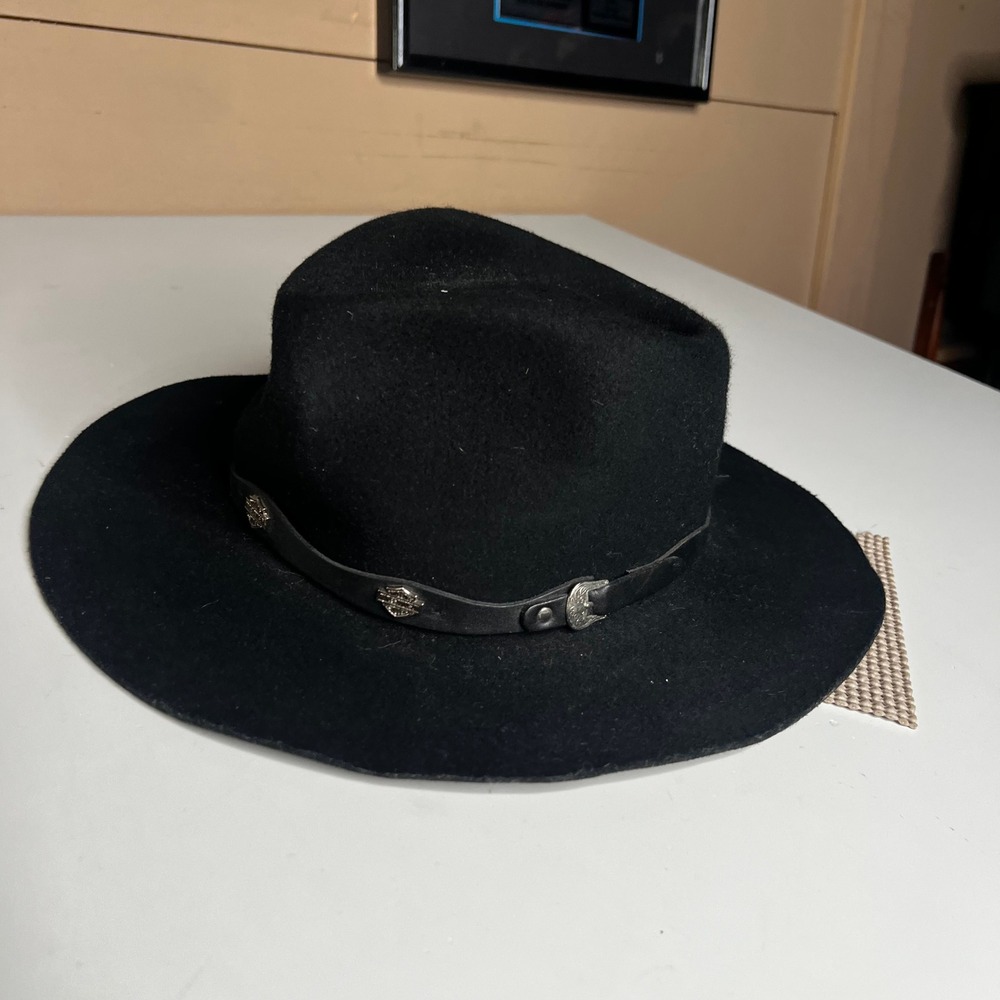 Harley Davidson Black Wool Felt Fedora Hat Wide Brim Bar & Shield Studs XL